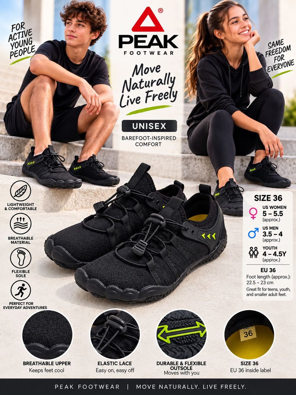 Peak Footwear Barefoot Shoes EU 36 US Women 5-5.5 Youth 4-4.5Y Unisex NEW